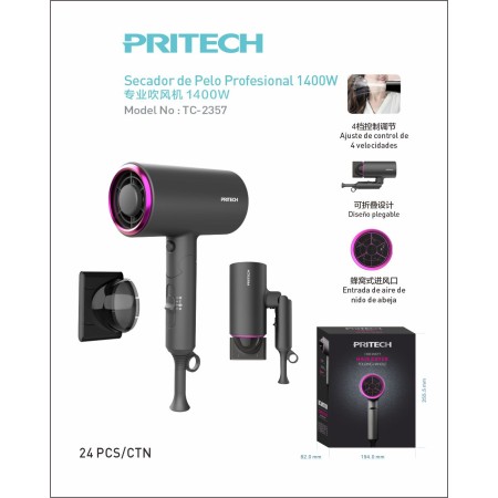Secador de Pelo Profesional – Motor DC, Mango Plegable, 1400W PRITE...