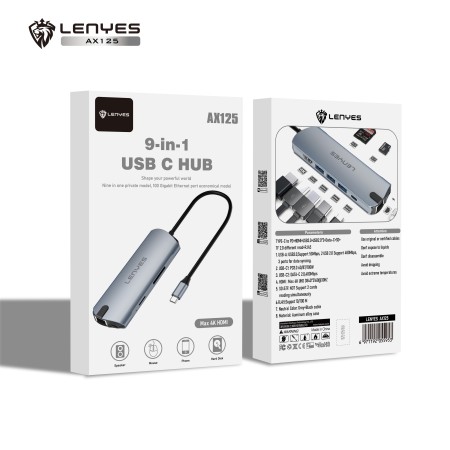 adaptador multipuerto Hub USB-C 9 en 1 Lenyes AX125 | 4K HDMI, Ethernet y PD 100W