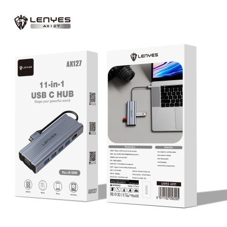 Hub USB-C 11 en 1 Lenyes AX127 | 4x USB 3.0, 4K HDMI, VGA y PD 100W