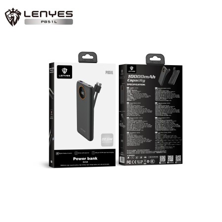 Power Bank Lenyes P851L 10000mAh | Carga Rápida 22.5W y Cables Integrados