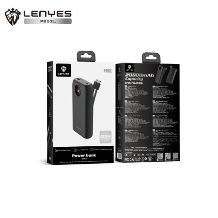 Power Bank Lenyes P852L 20000mAh | Carga Super Rápida 22.5W y Doble Cable Integrado