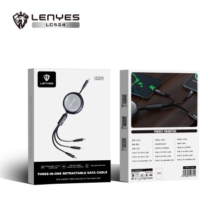 Cable Retráctil 3-en-1 Lenyes LC524 | USB-C 60W y Lightning 27W