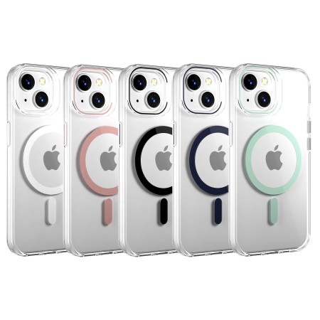 Funda Rígida Transparente Borde Color MagSafe iPhone 15 Plus | Wephone Mayorista