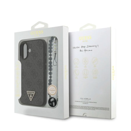 Funda Guess para iPhone 17 – Colección 4G Triangle Logo con Correa de Perlas – Negro MagSafe