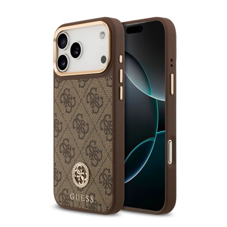 Funda Guess para iPhone 17 Pro – Colección 4G Strass Logo con Bordes Dorados – Marrón MagSafe
