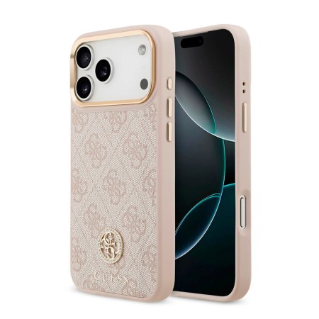 Funda Guess para iPhone 17 Pro – Colección 4G Strass Logo con Bordes Dorados – Rosa MagSafe