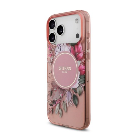 Funda Guess para iPhone 17 Pro – Colección MagSafe IML Flowers con Correa de Perlas – Rosa