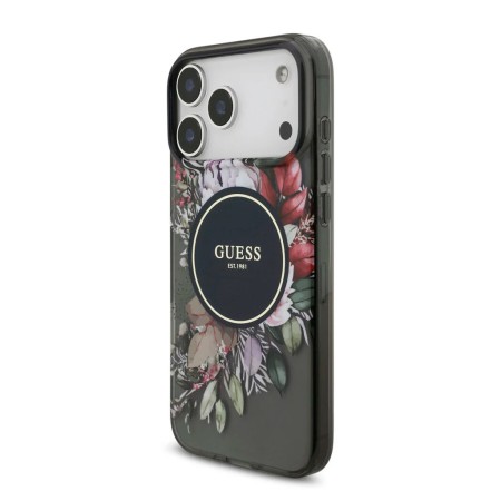 Funda Guess para iPhone 17 Pro – Colección MagSafe IML Flowers con Correa de Perlas – Negro
