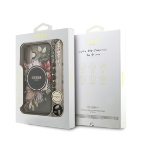 Funda Guess para iPhone 17 – Colección MagSafe IML Flowers con Correa de Perlas – Negro