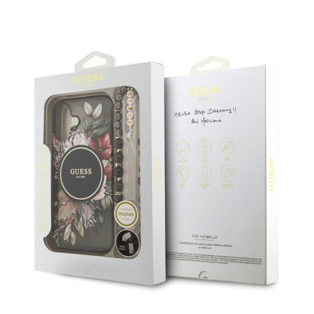 Funda Guess para iPhone 17 – Colección MagSafe IML Flowers con Correa de Perlas – Negro