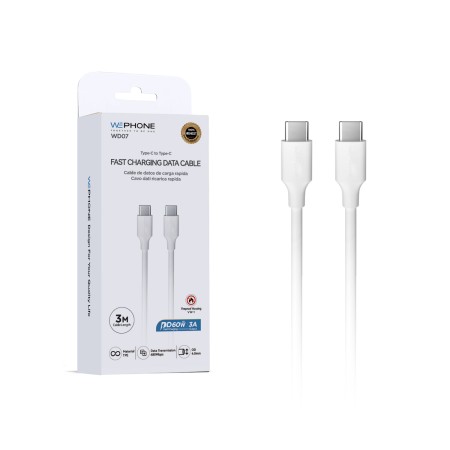Cable de datos WD07 USB-C a USB-C 3A PD60W TPE 3M OD4.0 Blanco