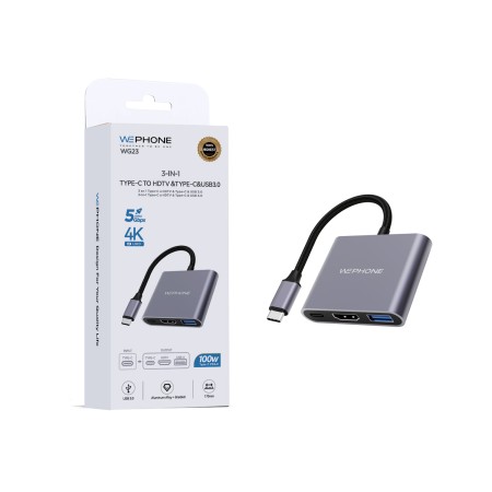Adaptador Hub 3 en 1 USB-C – Salida HDMI 4K UHD, USB 3.0 5Gbps y Carga PD 100W Aluminio y Trenzado