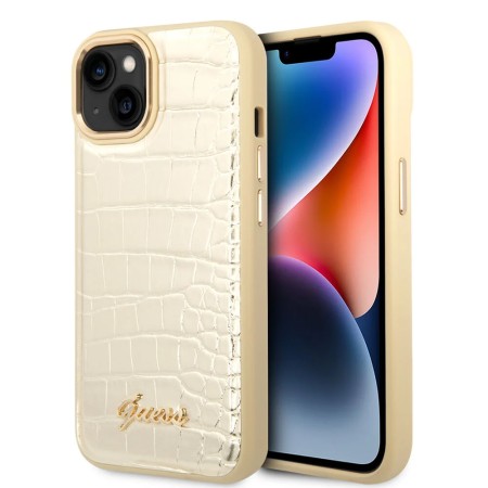 Funda Rígida Guess para iPhone 14 / 13 – Colección Croco con Botones Metálicos – Dorado
