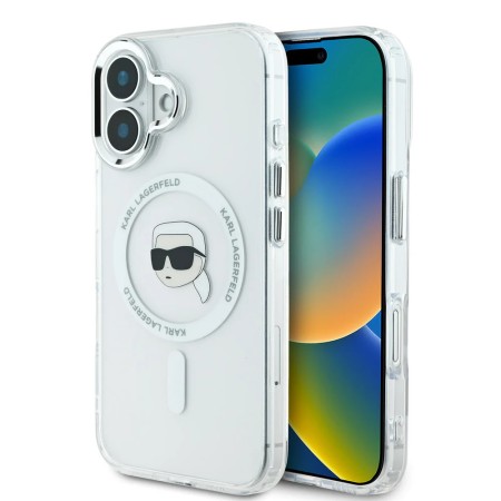 Funda Karl Lagerfeld para iPhone 16 - Blanca MagSafe IML Metal Karl Head
