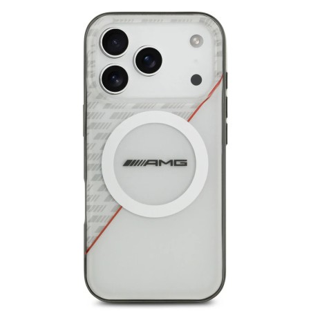 Funda Premium AMG para iPhone 17 Pro Max con MagSafe y Línea Roja Deportiva – Blanco/Semi-Transparente