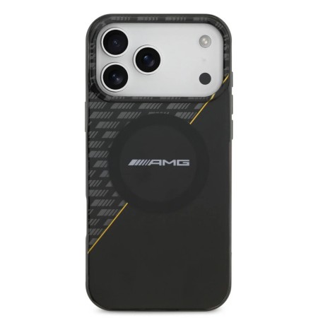 Funda Premium AMG para iPhone 17 Pro Max con MagSafe y Línea Amarilla Deportiva – Negro/Semi-Transparente