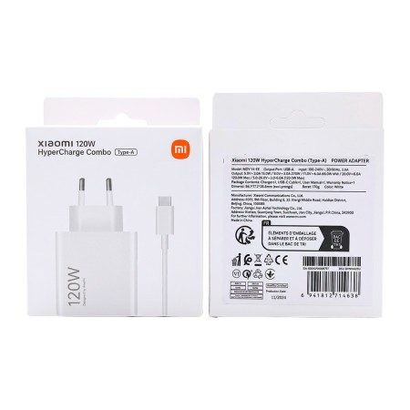 Cargador Original Xiaomi 120W HyperCharge Combo (Type-A) | Adaptador de Pared Blanco con Cable USB-C a USB-A (1m)