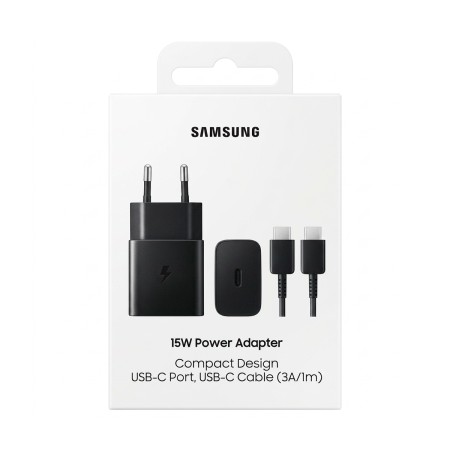Cargador Original Samsung 15W Power Adapter USB-C | Adaptador de Pared con Cable USB-C a USB-C (1m) Negro