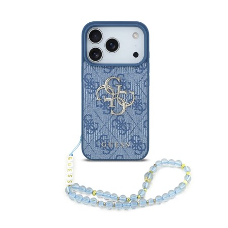 Funda Guess para iPhone 17 Pro – Colección 4G con Correa de Perlas y Logotipo Metálico Grande – Azul