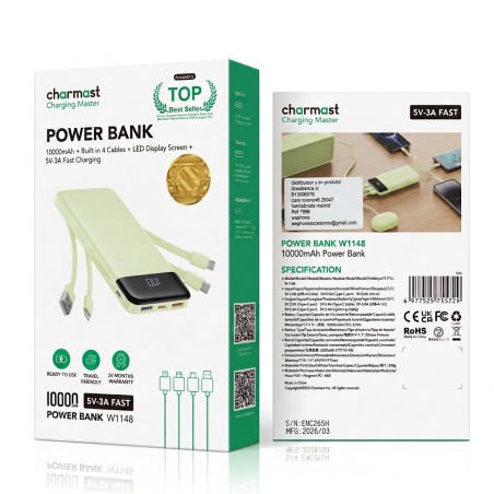 Power Bank 10000mAh con Cables Charmast W1148 Verde | Mayorista