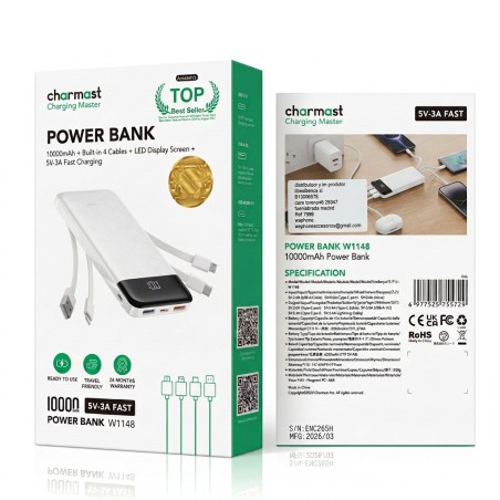Power Bank 10000mAh con Cables Charmast W1148 Blanco | Mayorista